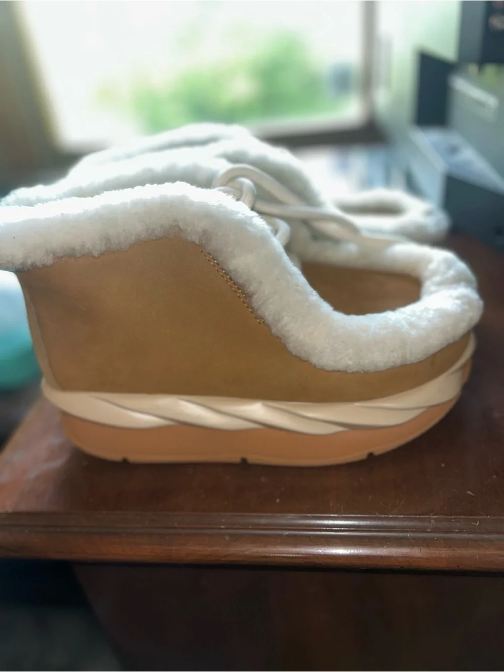 Camper Tan and White Shearling-Trim Ankle Booties